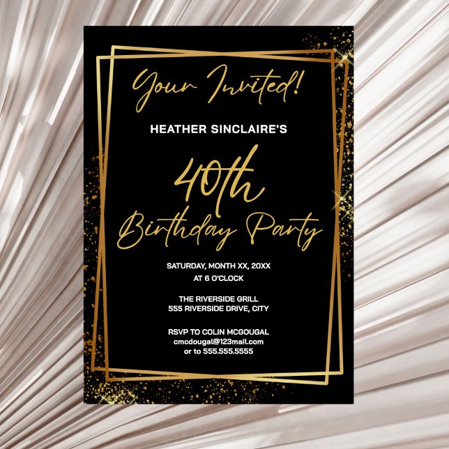 Invitación 40th Birthday Party Invitation Gold and Black (0th Birthday Party Invitation Gold and Black)
