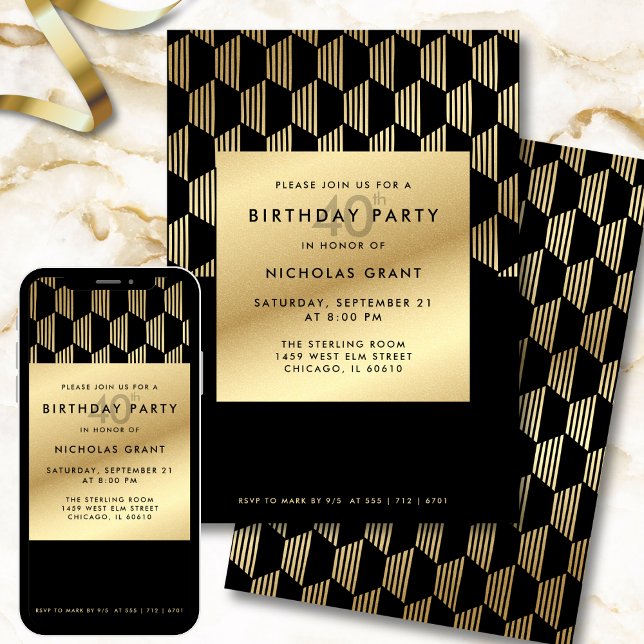 Invitación 40th Birthday Party Modern Black and Gold Foil (Subido por el creador)