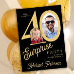 Invitación 40th birthday photo black gold 40 years party<br><div class="desc">Trendy bold typography 40th birthday surprise party invitation with 2 photos and modern retro style script. Easy to personalize with your text and pictures.</div>