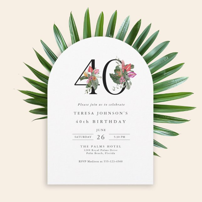 Invitación 40th Birthday Simple Elegant Tropical Invitation (Available in both printed and instant download digital formats.)