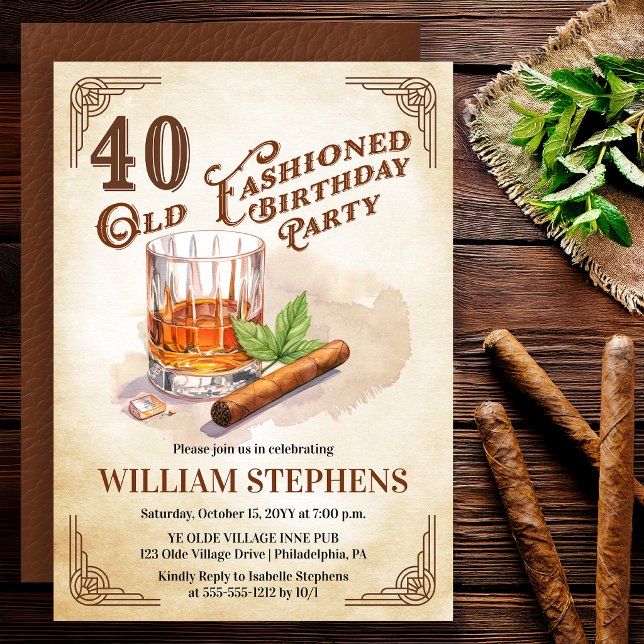 Invitación 40th Old Fashioned Whiskey Cigar Birthday Party (Old Fashioned whiskey 40th birthday invitation with vintage masculine style)