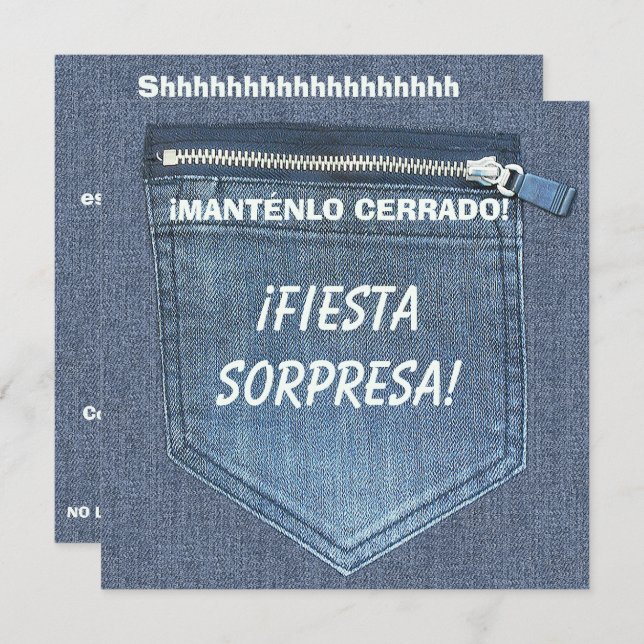 Invitación 40th SURPRISE Birthday Party Keep It Zipped Denim (Anverso / Reverso)