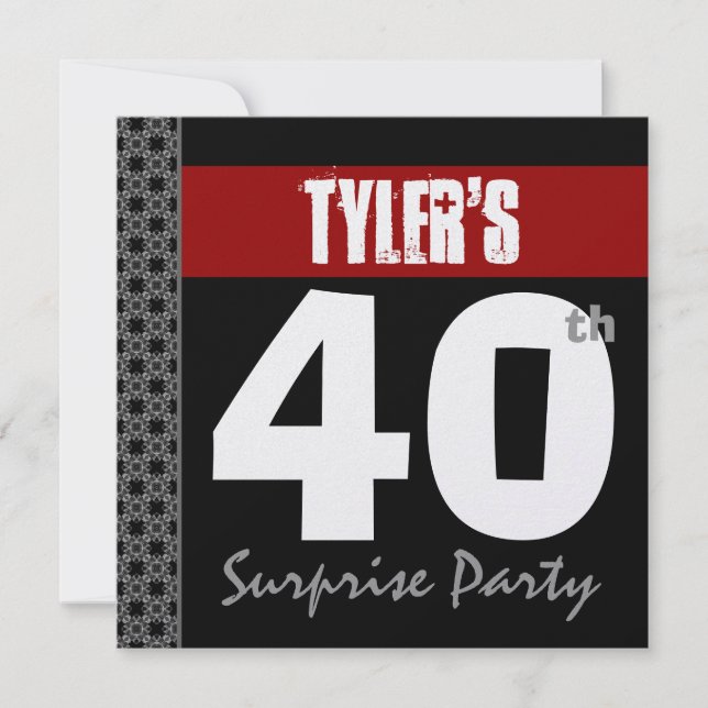 Invitación 40th Surprise Birthday Red Black White Metallic (Anverso)