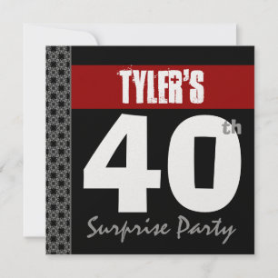 Invitación 40th Surprise Birthday Red Black White Metallic