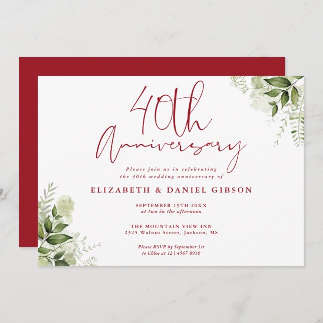Invitación 40th Wedding Anniversary Greenery Floral (Anverso / Reverso)