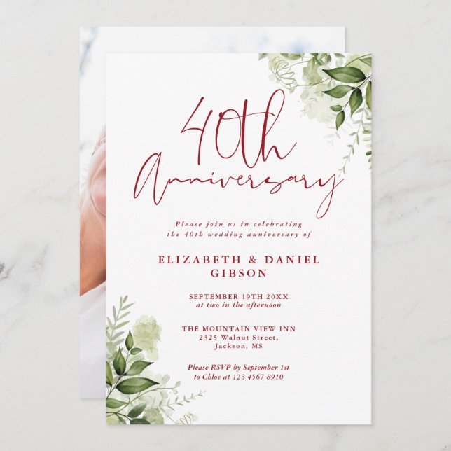 Invitación 40th Wedding Anniversary Greenery Floral Photo (Anverso / Reverso)