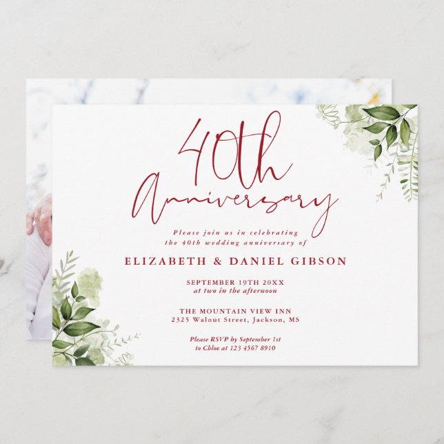 Invitación 40th Wedding Anniversary Greenery Floral Photo (Anverso / Reverso)