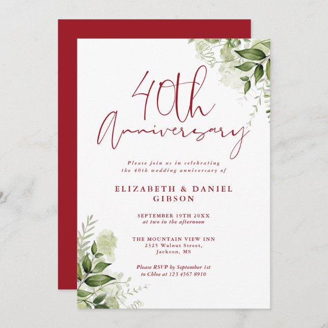 Invitación 40th Wedding Anniversary Greenery Ruby Script (Anverso / Reverso)