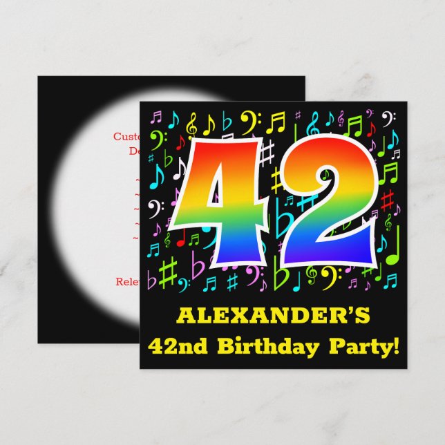 Invitación 42ª fiesta de cumpleaños: Símbolos de música diver (Anverso / Reverso)