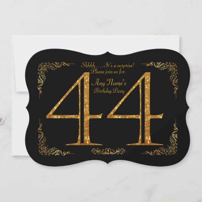 Invitación 44,Fiesta de cumpleaños 44,gran Gatsby,negro y oro (Anverso)