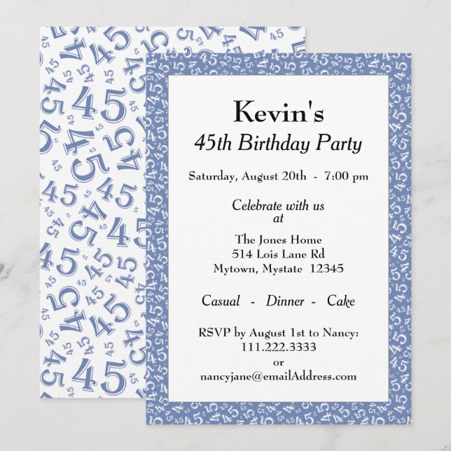 Invitación 45ª fiesta de cumpleaños, patrón de número blanco  (Anverso / Reverso)