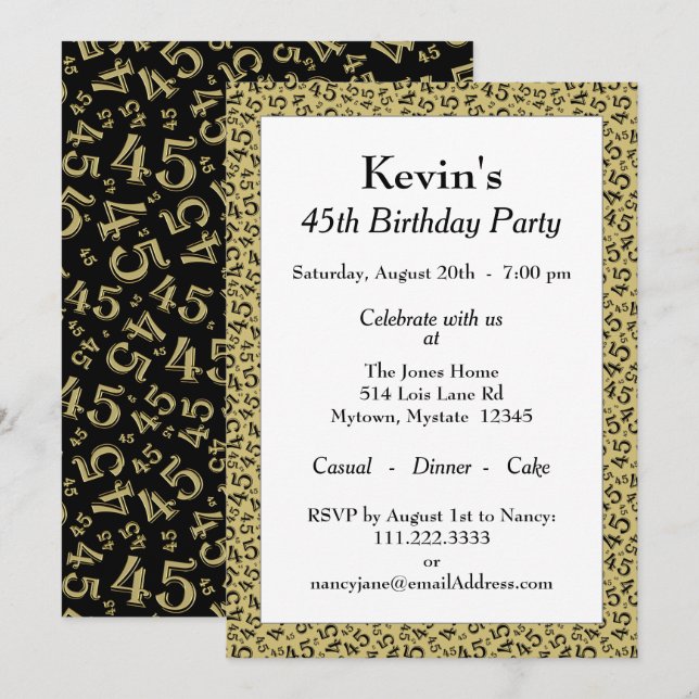 Invitación 45ª fiesta de cumpleaños, patrón de número negro/o (Anverso / Reverso)