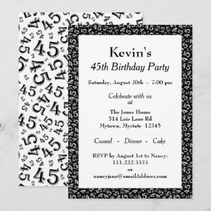 Invitación 45ª fiesta de cumpleaños, patrón de números blanco