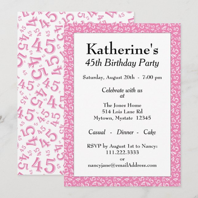Invitación 45ª fiesta de cumpleaños, patrón de números rosa/b (Anverso / Reverso)