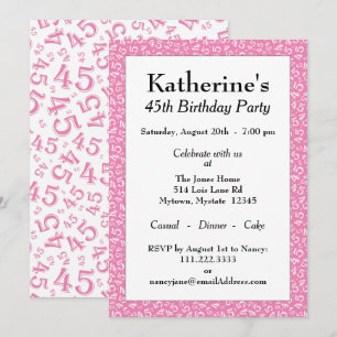 Invitación 45ª fiesta de cumpleaños, patrón de números rosa/b
