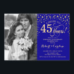 Invitación 45º Aniversario de Boda con Foto - Azul Oro<br><div class="desc">Invitación de 45º Aniversario de Boda con Foto. Diseño elegante en azul real zafiro y oro con letra script y confeti. Se puede personalizar para mostrar cualquier año de matrimonio. ¡Salud por 45 años!</div>