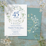 Invitación 45.º 65º Aniversario Laurel Greenery<br><div class="desc">Un huerto decorativo de laurel rodea un borde circular que contiene una tipografía azul zafiro de 45 o 65 años. Debajo de tu aniversario los detalles del evento están establecidos en un elegante texto clásico. En el reverso aparecen los nombres de la pareja casada dentro de una guirnalda floral a...</div>