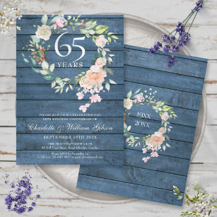 Invitación 45.º 65 Aniversario Boda Floral Azul Rústico