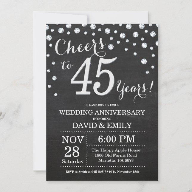 Invitación 45.º aniversario Boda Chalkboard Black Silver (Anverso)