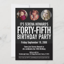 Invitación 45.º cumpleaños círculos de fotos en blanco negro 