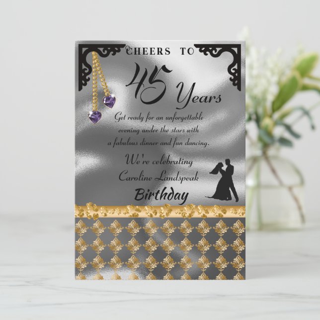 Invitación 45.º cumpleaños Fiesta de danza Relieve metalizado (Anverso de pie)