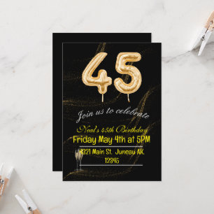 Invitación 45.º cumpleaños número de globos negros y dorados 