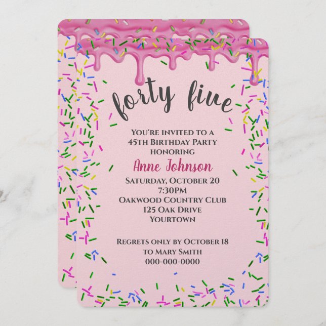 Invitación 45.º Nacimiento Hielo Y Espolvorea Rosa (Anverso / Reverso)