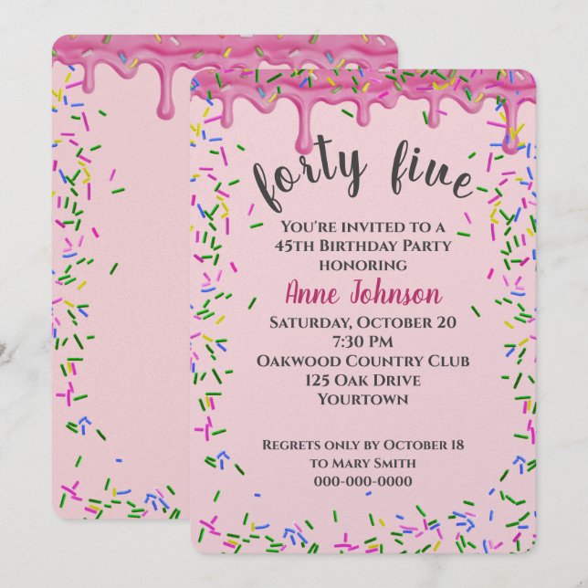 Invitación 45.º Nacimiento Hielo Y Espolvorea Rosa (Anverso / Reverso)