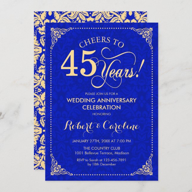 Invitación 45° Aniversario Boda Damasco de Oro Azul Sapphire (Anverso / Reverso)
