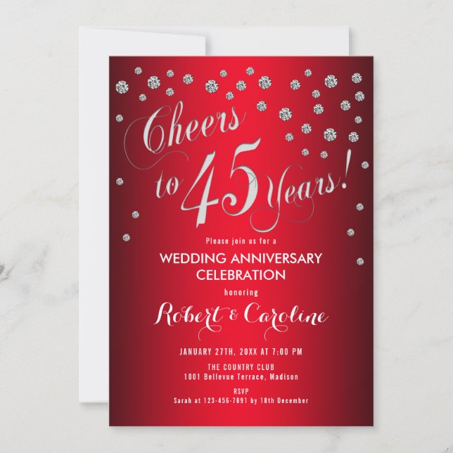 Invitación 45° aniversario Boda - Rojo y Plata (Anverso)