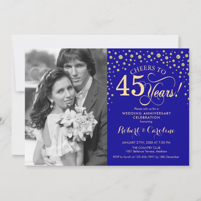 Invitación 45 Aniversario de Boda con Foto - Azul Oro (Anverso)