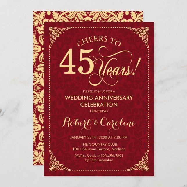 Invitación 45 Aniversario de Boda - Damasco de Oro Rojo Rubí (Anverso / Reverso)