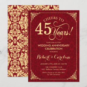 Invitación 45 Aniversario de Boda - Damasco de Oro Rojo Rubí
