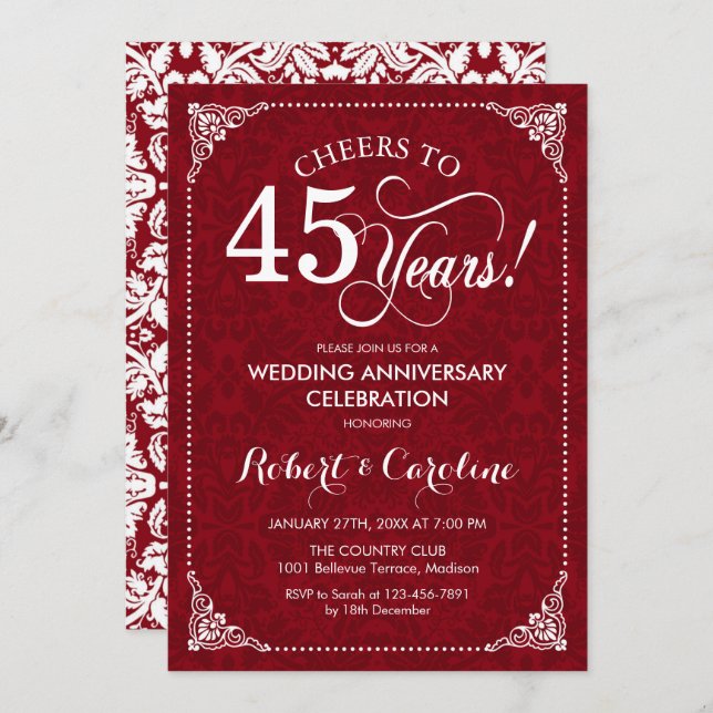 Invitación 45 Aniversario de Boda - Damasco Rojo Rubí (Anverso / Reverso)