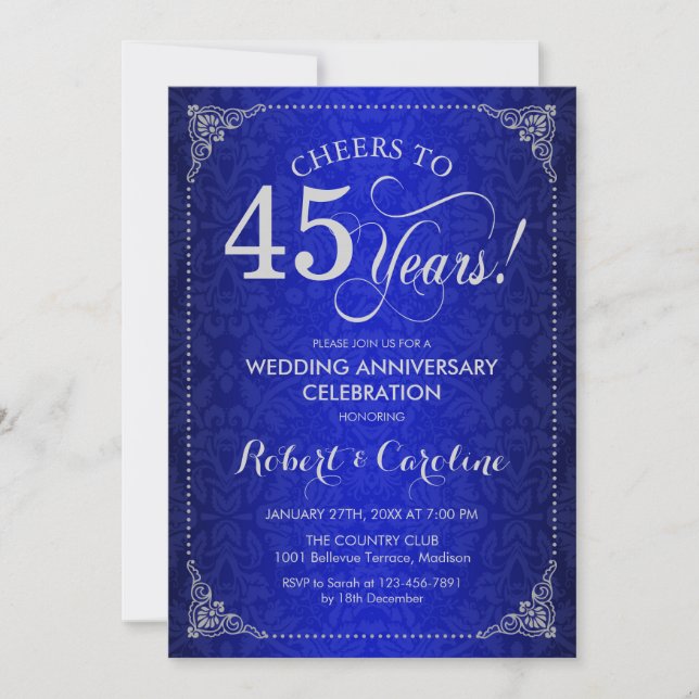 Invitación 45 Aniversario de Boda - Damask de Plata Azul (Anverso)