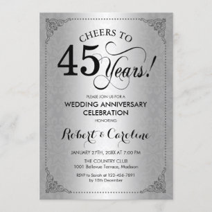 Invitación 45 Aniversario de Boda - Damask Negro Plateado