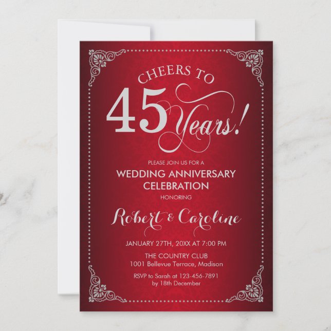Invitación 45 Aniversario de Boda - Damask Plata Roja (Anverso)