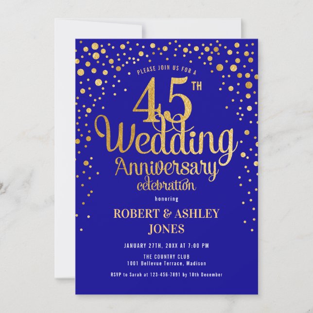 Invitación 45° Aniversario del Boda - Azul y Oro de zafiro (Anverso)
