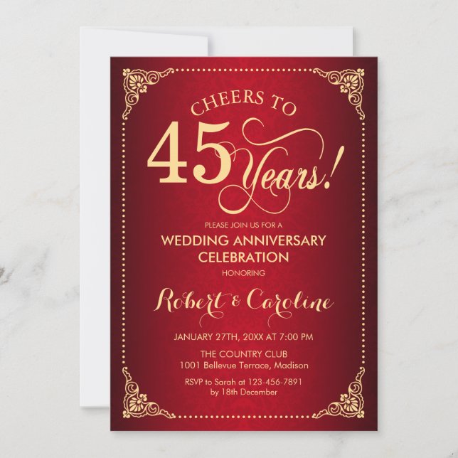 Invitación 45° Aniversario del Boda - Damasco de oro rojo (Anverso)