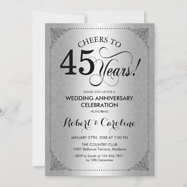Invitación 45° Aniversario del Boda - Damasco negro plateado (Anverso)