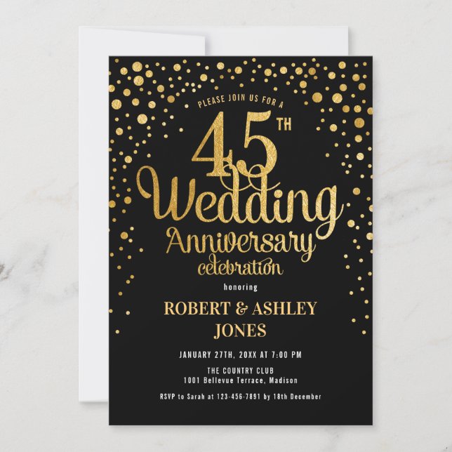 Invitación 45° Aniversario del Boda - Negro y Oro (Anverso)