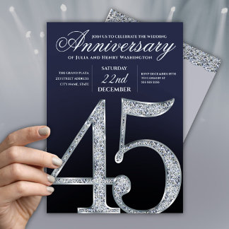 Invitación 45 Aniversario Diamante Plateado Azul Marino
