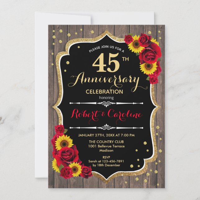 Invitación 45 Aniversario - Girasoles Madera Rústica (Anverso)