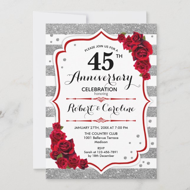 Invitación 45° Aniversario - Rosas rojas blancas de plata (Anverso)
