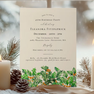 Invitación 45 cumpleaños Diciembre Nacimiento Mes Flor Holly