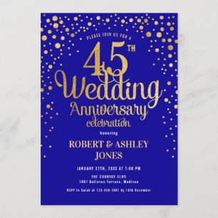 Invitación 45.o Aniversario de boda - azul y oro del zafiro