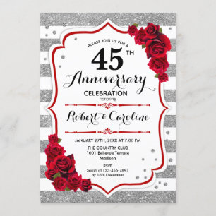 Invitación 45.o aniversario - rosas rojos blancos de plata