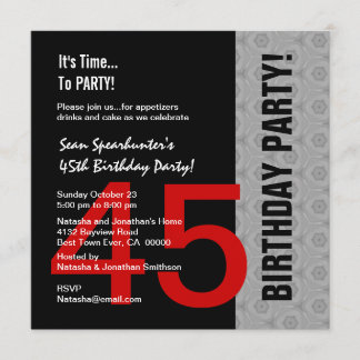 Invitación 45.o Cumpleaños o cualquier negro de plata rojo