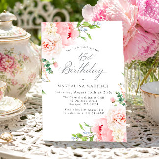 Invitación 45th Birthday Party Feminine Pink Roses Floral Inv