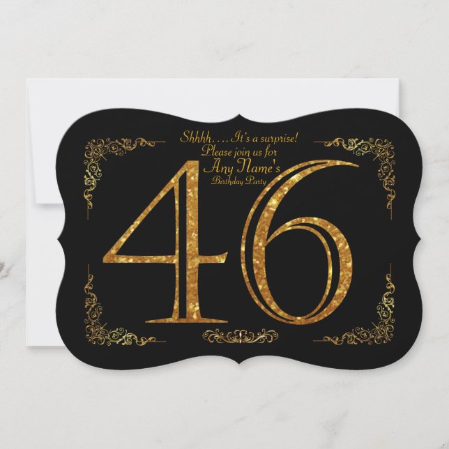 Invitación 46,Fiesta de cumpleaños 46,gran Gatsby,negro y oro (Anverso)
